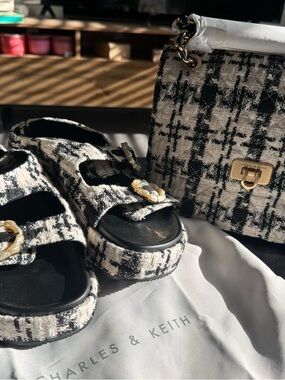 Charles & Keith Black & White Tweed Slide Sandals and Bag with Gold Chain